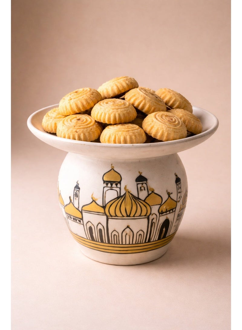 Tanseeq Elegant White Resin Pedestal Serving Bowl with Gold Mosque Design for Ramadan Centerpiece Tray Iftar Dates Server Islamic Home Decor Eid Gift Tableware - Image 3